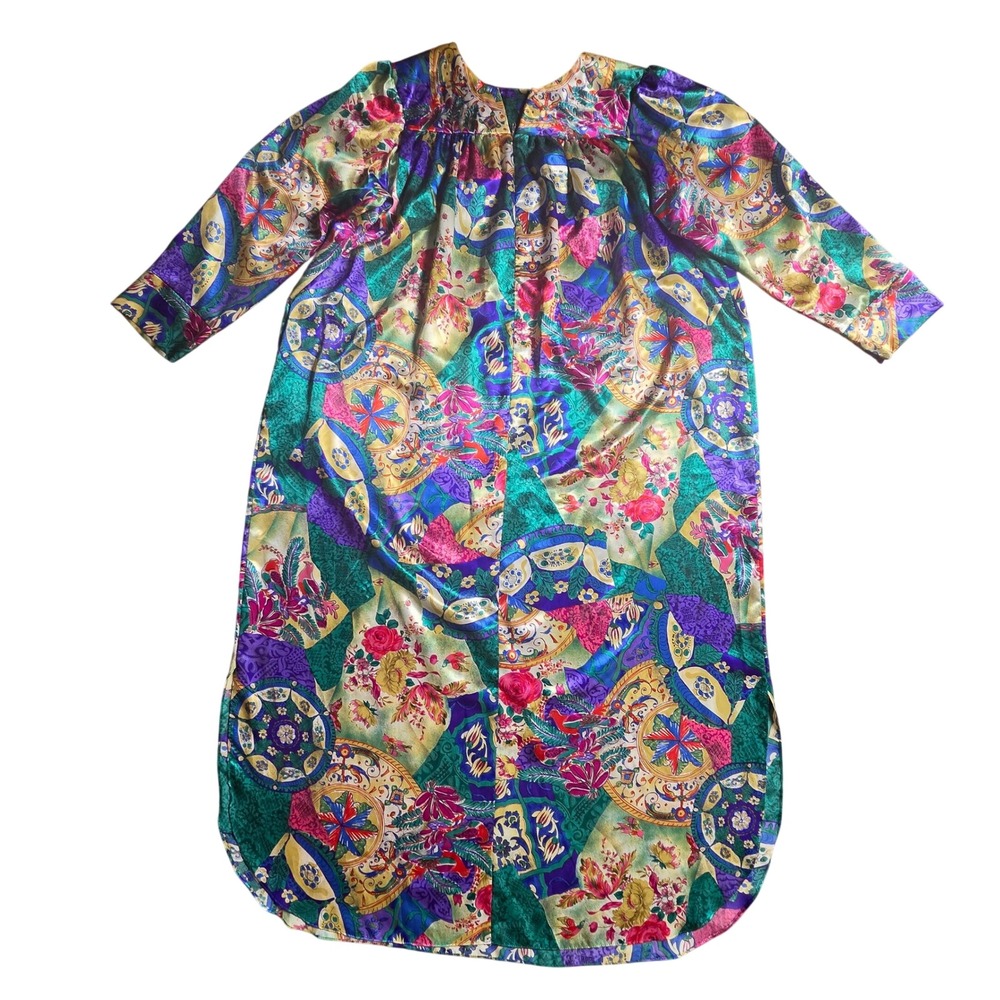 Vintage California Dynasty Satin Nightgown M House Dress Patchwork Style Floral